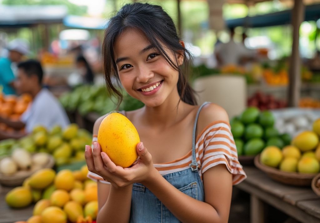 A woman holding a mango at a Cambodian market